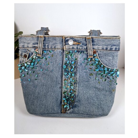 VTG Hand & Heart Walnut CA Hand MadeTURQUOISE Stones DENIM SHOULDER Bag BEADED - Picture 4 of 11
